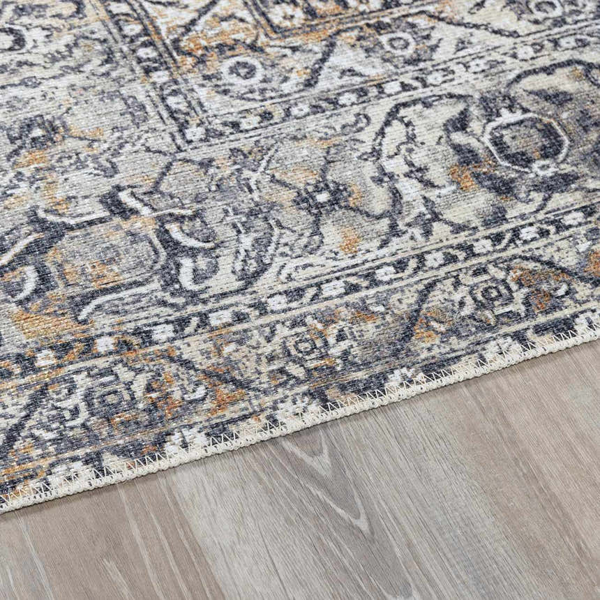 Close-up of the Dagatan Washable Area Rug, showcasing its beige, black, and gray traditional oriental pattern and soft texture. Pile