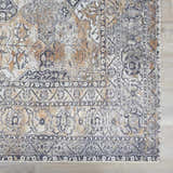 Close-up of the beige, black, and gray Dagatan Washable Area Rug showcasing its traditional oriental pattern and soft texture. Swatch