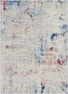 Close-up of the Dalorong Area Carpet. Contemporary design with dark blue, light beige, red, and gray abstract pattern. Design-Rectangle-5373