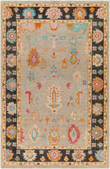 Hand knotted Dalupaon Area Rug with traditional floral pattern in black, beige, blue, pink, and tan. Wool construction. Design-Rectangle-69