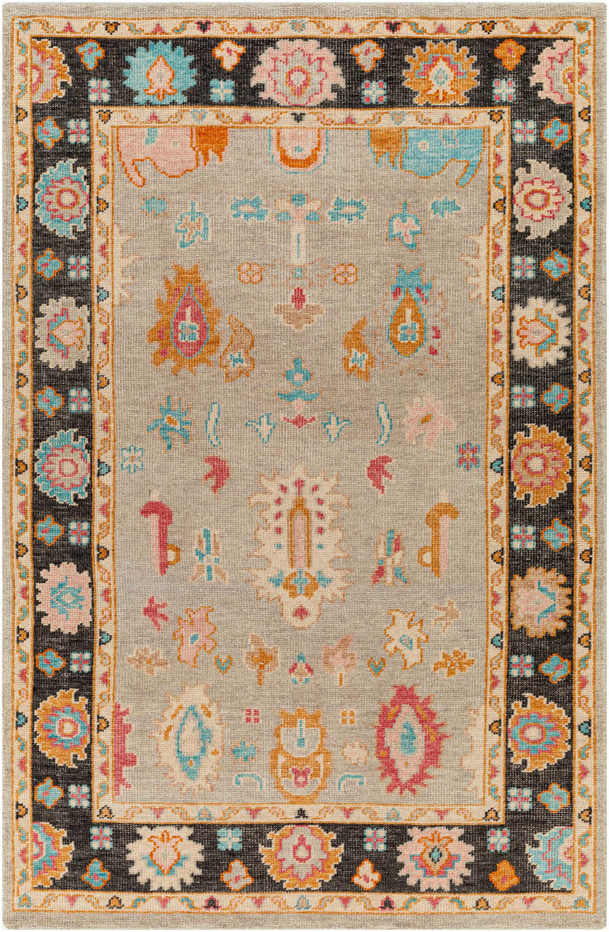 Hand knotted Dalupaon Area Rug with traditional floral pattern in black, beige, blue, pink, and tan. Wool construction. Design-Rectangle-69