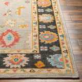 Close up of the hand knotted Dalupaon Area Rug, a traditional wool rug with floral patterns in black, beige, blue, pink, and mustard. Front