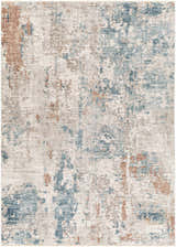 Close-up of the Danlugan Area Rug: a contemporary design with charcoal, cream, dusty pink, brown, and pale blue hues. Design-Rectangle-537