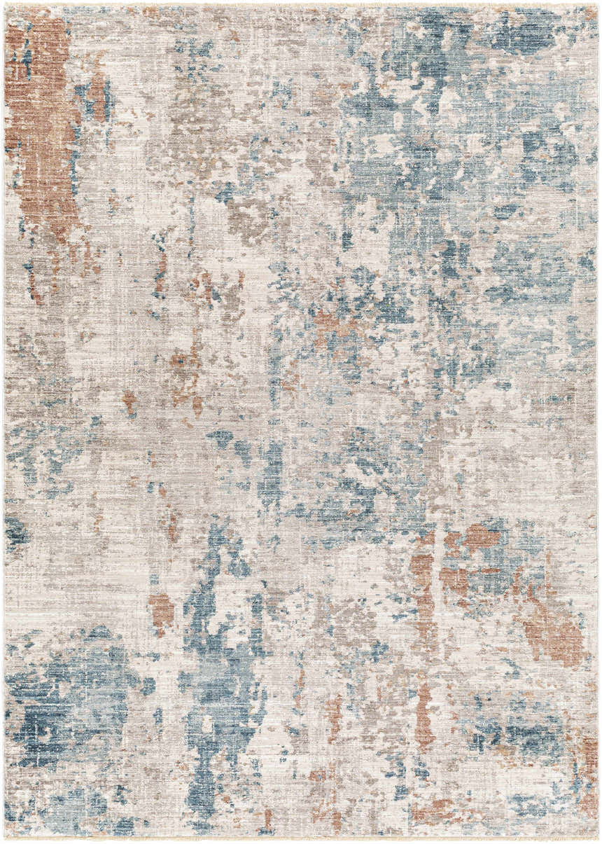 Close-up of the Danlugan Area Rug: a contemporary design with charcoal, cream, dusty pink, brown, and pale blue hues. Design-Rectangle-537