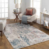 Living room scene with the Danlugan Area Rug in charcoal, cream, dusty pink, and pale blue. Contemporary style. Roomscene-Rectangle