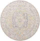 Close-up of round Deena Thick Luxe Area Rug. Farmhouse style with traditional design in brown, charcoal, and gray tones. Design-Round-67