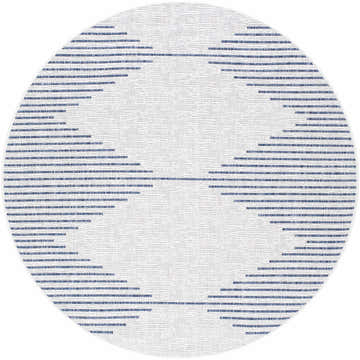 Close up of a round Stephan Blue & Cream Outdoor Rug with a striped pattern. Dark blue and off-white tones. Design-Round-53