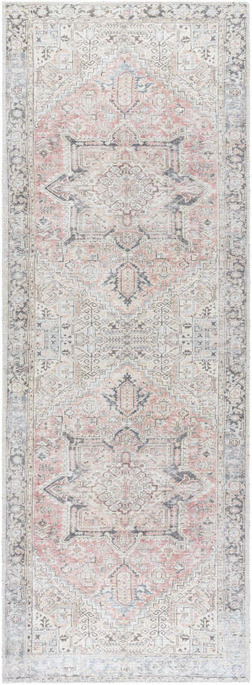 Close-up of the Aethwy Washable Area Rug. Farmhouse style rug with light silver, prairie dust, and slate blue traditional pattern. Design-Runner-2773