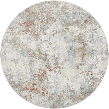 Close-up of round Dinos Thick Luxe Rug. Abstract design in dark gray, light gray, nutmeg, and blue hues. Contemporary style. Design-Round-67