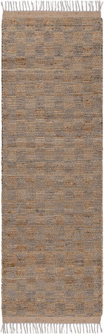 Close-up of the hand woven Lonut Checkered Jute Area Rug with brown, beige, and gray tones and fringe detail. Design-Runner
