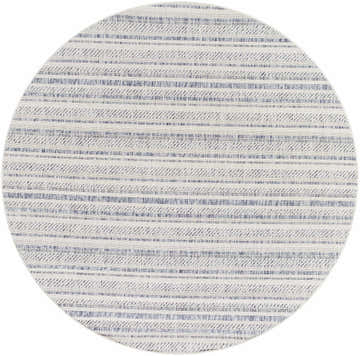 Close-up of a round Dumalag Striped Nordic Rug. The rug has a blue and off-white striped pattern with a woven texture. Design-Round-67
