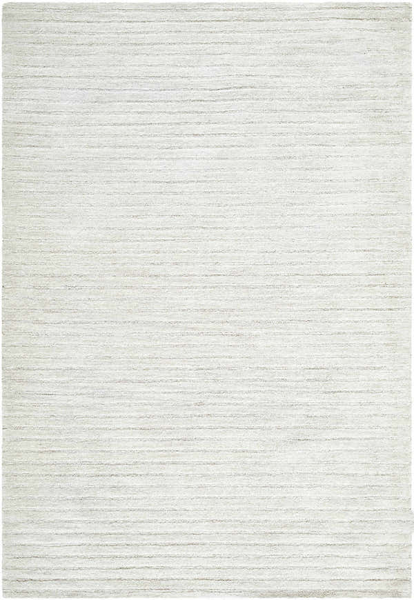 Close-up of the hand-tufted Destry Ivory Area Rug. Cream and light taupe wool rug with a subtle horizontal stripe pattern. Design-Rectangle-576