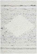 Close-up of Ethara Ivory Charcoal rug. Hand-woven wool rug with global bohemian tribal pattern and textured feel. Design-Rectangle-23