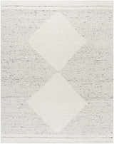 Close-up of Ethara Ivory Charcoal rug. Hand-woven wool rug with global bohemian tribal pattern. Cream and charcoal colors. Design-Rectangle-810