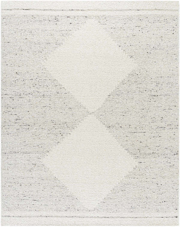 Close-up of Ethara Ivory Charcoal rug. Hand-woven wool rug with global bohemian tribal pattern. Cream and charcoal colors. Design-Rectangle-810