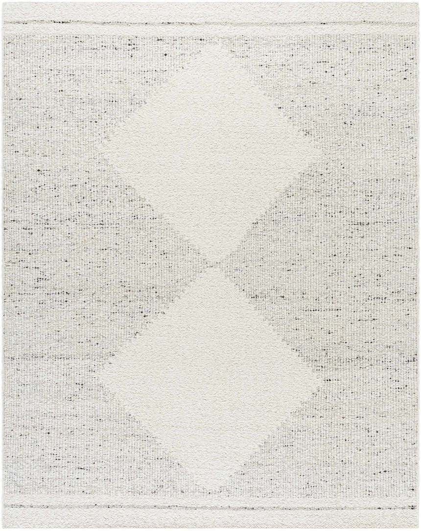 Close-up of Ethara Ivory Charcoal rug. Hand-woven wool rug with global bohemian tribal pattern. Cream and charcoal colors. Design-Rectangle-810