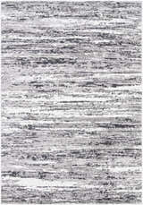 Close-up of the Azmina Area Rug, a contemporary rug with black, ivory, and gray abstract horizontal stripes. Design-Rectangle-5373