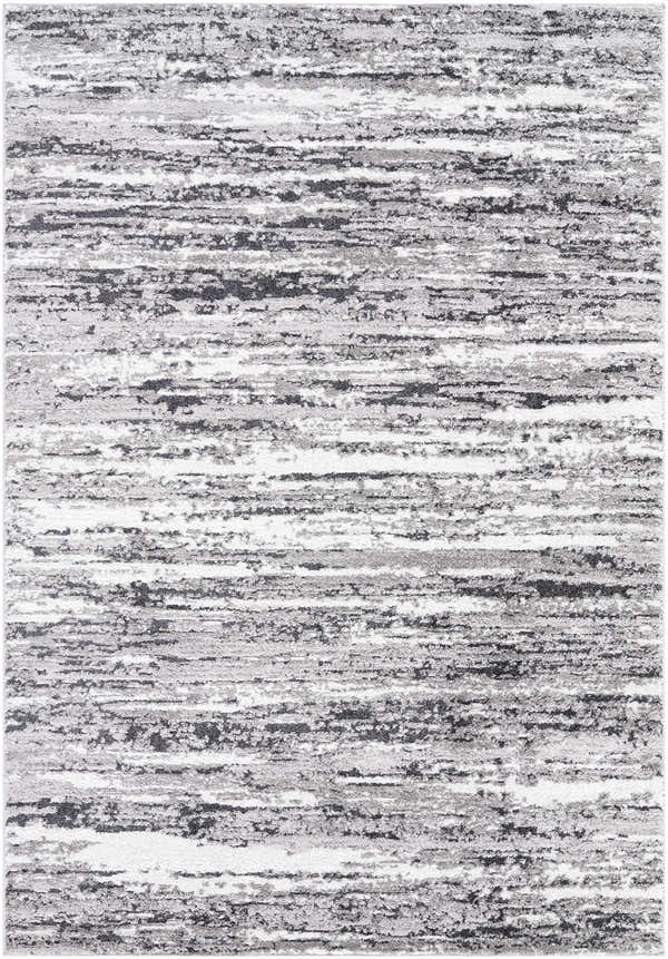 Close-up of the Azmina Area Rug, a contemporary rug with black, ivory, and gray abstract horizontal stripes. Design-Rectangle-5373