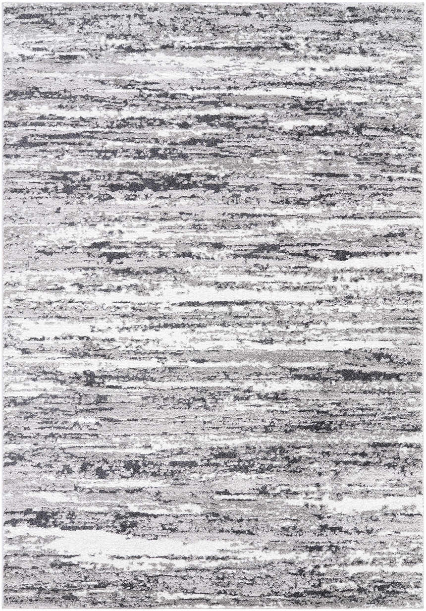 Close-up of the Azmina Area Rug, a contemporary rug with black, ivory, and gray abstract horizontal stripes. Design-Rectangle-5373