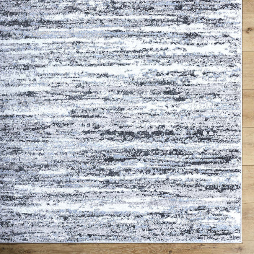 Close-up of the Azmina Area Rug, showcasing its contemporary black, ivory, and light blue horizontal stripe pattern. Swatch