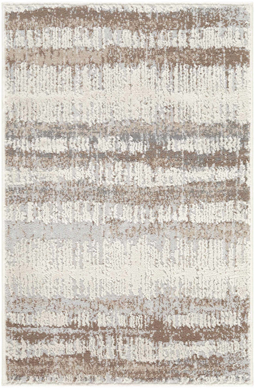 Close-up of the Asmara Brown Area Rug, featuring a contemporary striped pattern in ash, pearl, and brown hues. Design-Rectangle-23