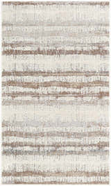 Close-up of the Asmara Brown Area Rug featuring ash, pearl, sage, and silver gray horizontal stripes. Design-Rectangle-237
