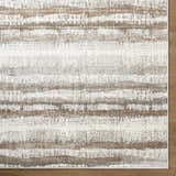 Close up of the Asmara Brown Area Rug showing its ash, pearl, and brown horizontal stripe pattern. Corner