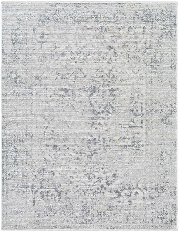 Close-up of the Alivia Area Rug. Machine-woven polyester rug in charcoal, dove gray, and ivory with a traditional pattern. Design-Rectangle-57