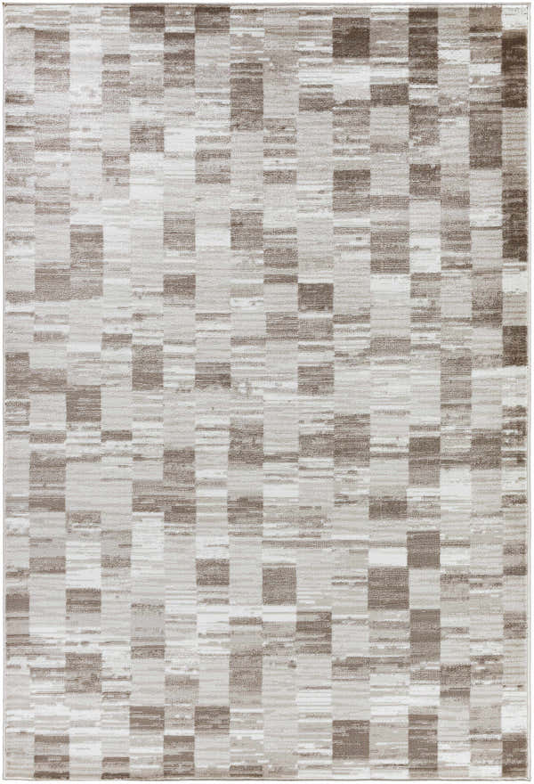 Close-up of the Alagan Light Brown Area Rug featuring a contemporary geometric pattern in light silver, sage, and prairie dust hues. Design-Rectangle-5373