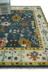 Traditional Floral Teal, Ivory and Mustard Hand Knotted Oriental Oushak wool Area Rug