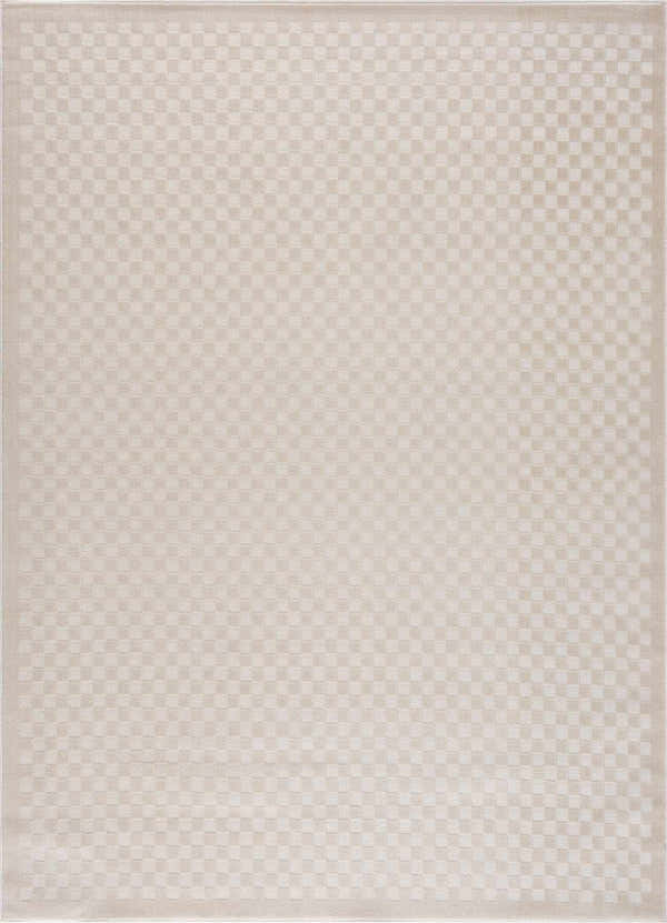 Close-up of Gaiwan Cream Washable Area Rug with a subtle checkerboard pattern in cream and off-white tones. Design-Rectangle