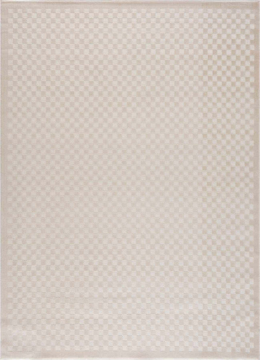 Close-up of Gaiwan Cream Washable Area Rug with a subtle checkerboard pattern in cream and off-white tones. Design-Rectangle