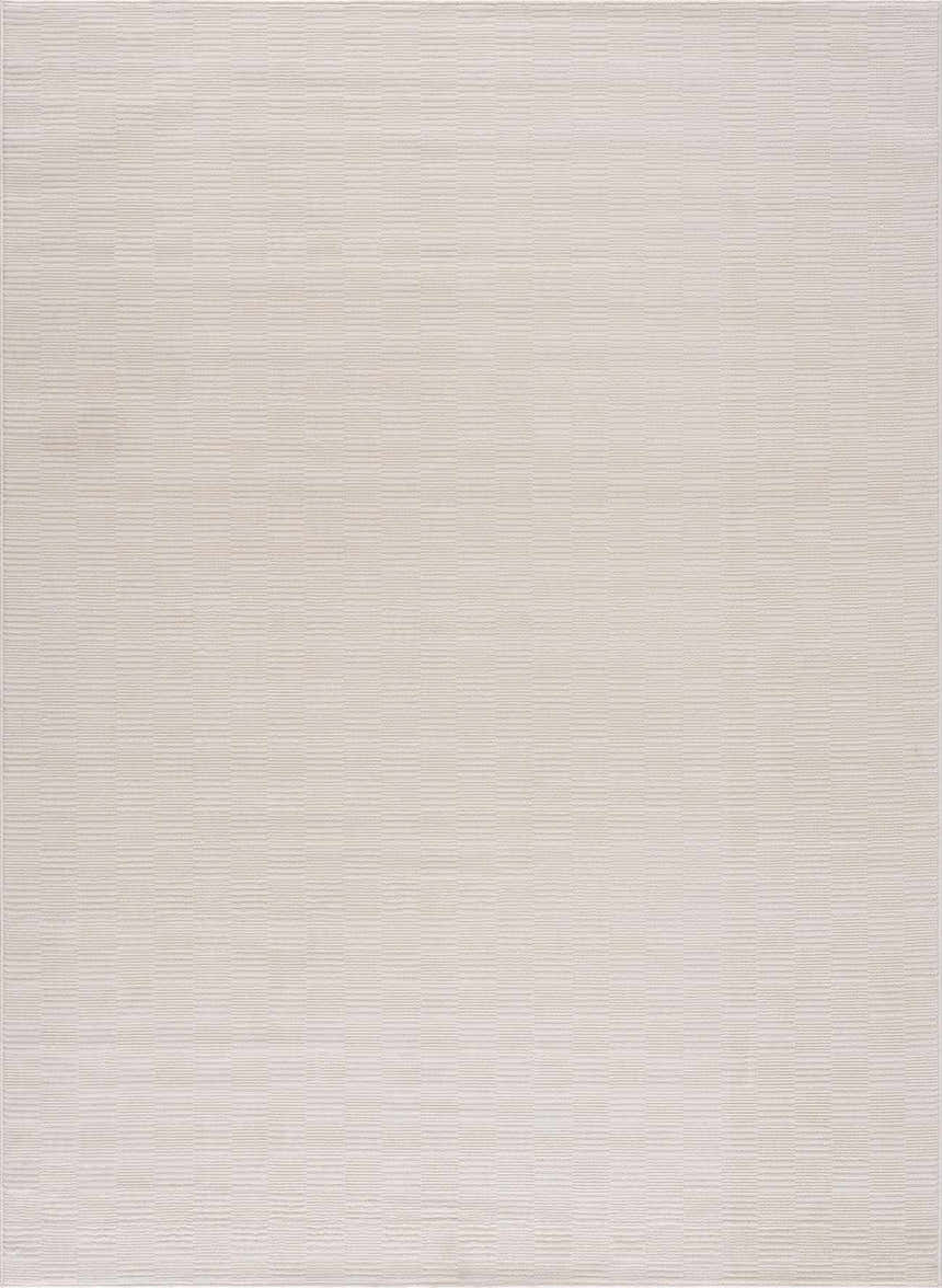 Close up of the Kazuma Cream Checkered Washable Area Rug featuring a subtle, textured checkered pattern in cream and off-white. Design-Rectangle