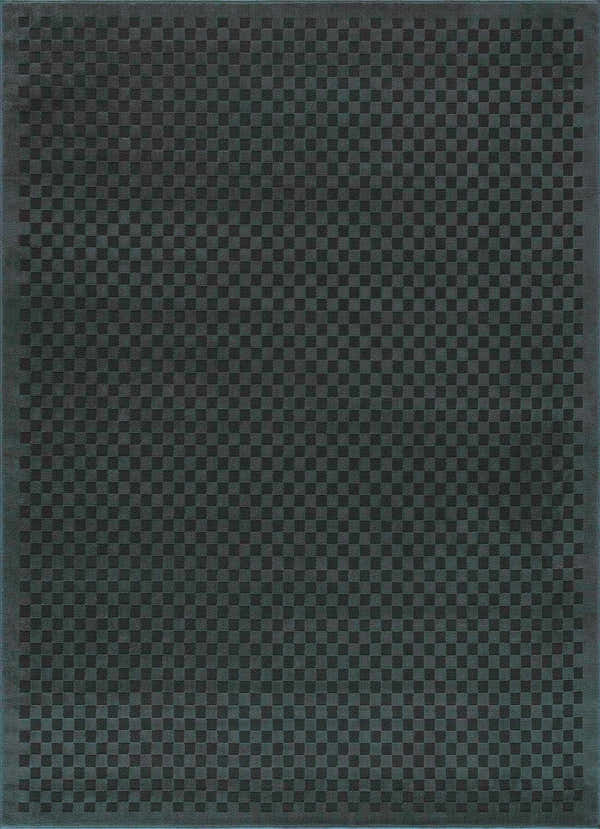 Close-up of the Gaiwan Oil Green Washable Area Rug, featuring a subtle checkerboard pattern in petrol blue hues. Design-Rectangle