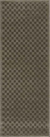 Close-up of the Gaiwan Olive Green Washable Area Rug, featuring a gray green and green checkerboard pattern. Design-Runner