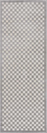 Close-up of the Gaiwan Cream Gray Washable Area Rug featuring a light gray and off white checkerboard pattern. Design-Runner