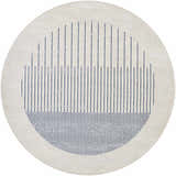 Close-up of the round Duri Area Rug. It features a modern admiral blue line design on a natural gray background. Design-Round-67