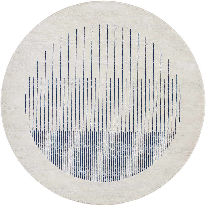 Close-up of the round Duri Area Rug. It features a modern admiral blue line design on a natural gray background. Design-Round-67