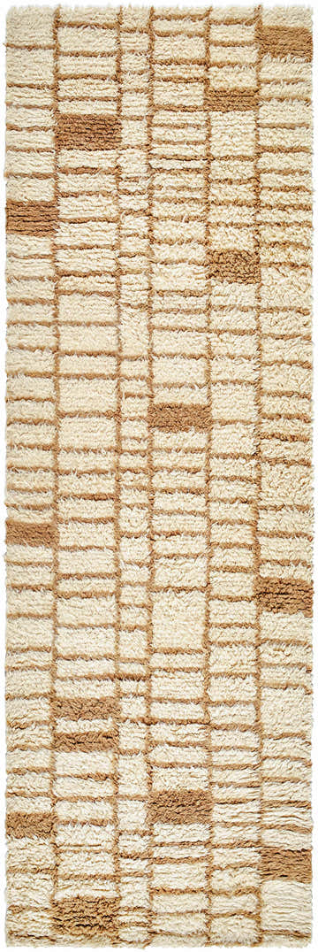 Close-up of the Anusha Area Rug. Beige and tan wool rug with a contemporary geometric block pattern. Hand-tufted texture. Design-Runner-268