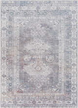 Close-up of the Livabliss Colin CLN-2304 rug. Machine-woven polyester rug in charcoal, cream, and dark red with a traditional pattern. Design-Rectangle-5373