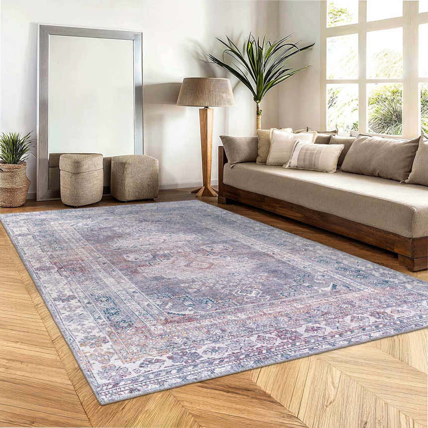 Living room scene with the Livabliss Colin rug in charcoal, cream, and red. Farmhouse style with a daybed, large mirror, and wood floors. Roomscene-Rectangle