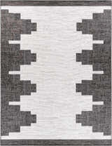 Close-up of the New Djugun Area Rug. Black, charcoal, and off-white geometric Southwestern design. Design-Rectangle