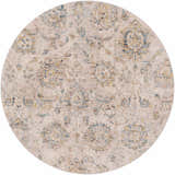 Close-up of a round Morinville Teal Floral Rug. Features a traditional floral pattern in teal, tan, and mustard tones. Design-Round-53