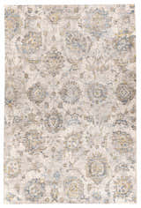 Close-up of the Morinville Teal Floral Rug. Traditional floral pattern in teal, brown, mustard, and pale blue on a tan background. Design-Rectangle-6796