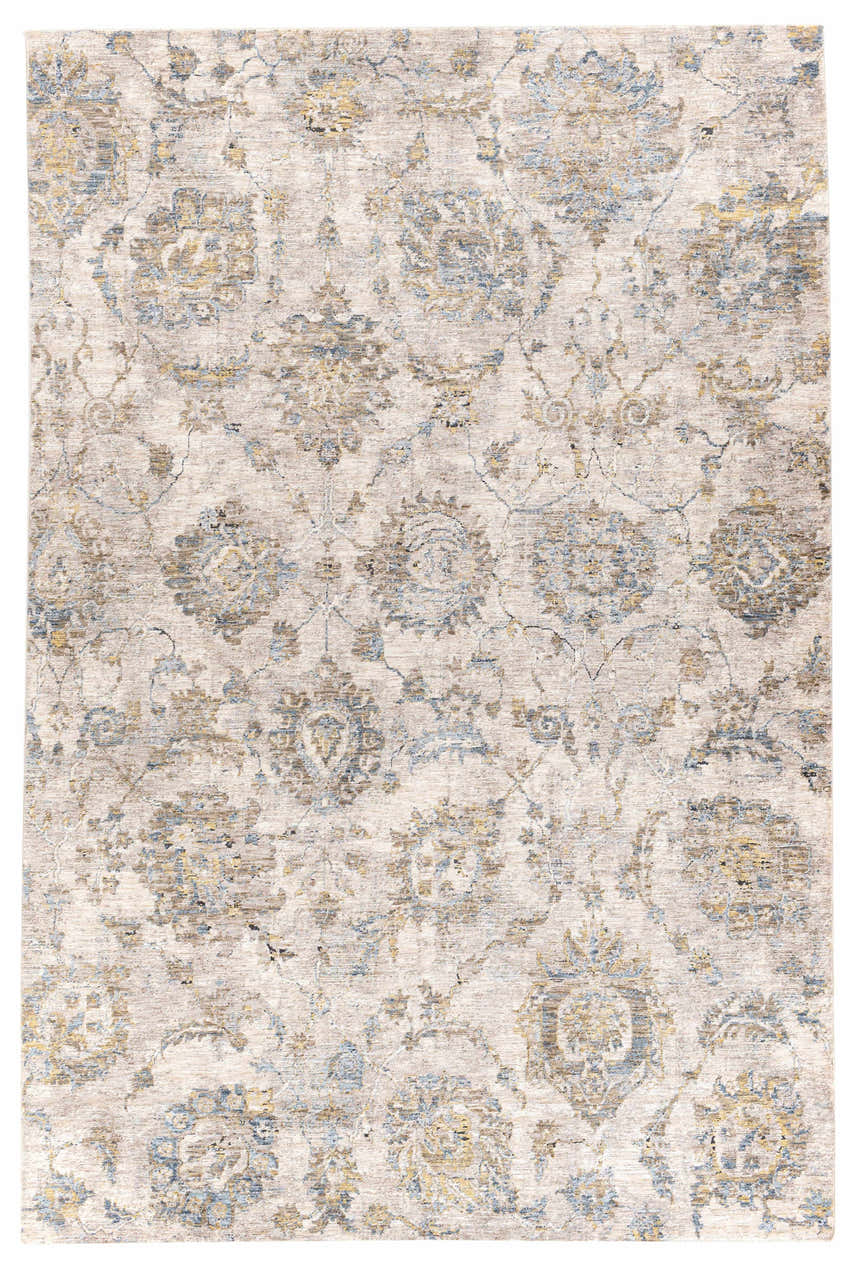 Close-up of the Morinville Teal Floral Rug. Traditional floral pattern in teal, brown, mustard, and pale blue on a tan background. Design-Rectangle-6796