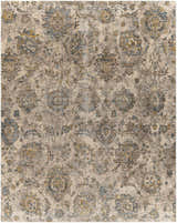 Close-up of the Morinville Teal Floral Rug, featuring a traditional oriental pattern with brown, teal, and mustard colors. Design-Rectangle-710103