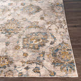 Close-up of the Morinville Teal Floral Rug, showcasing its brown, teal, and mustard floral pattern and soft texture. Front