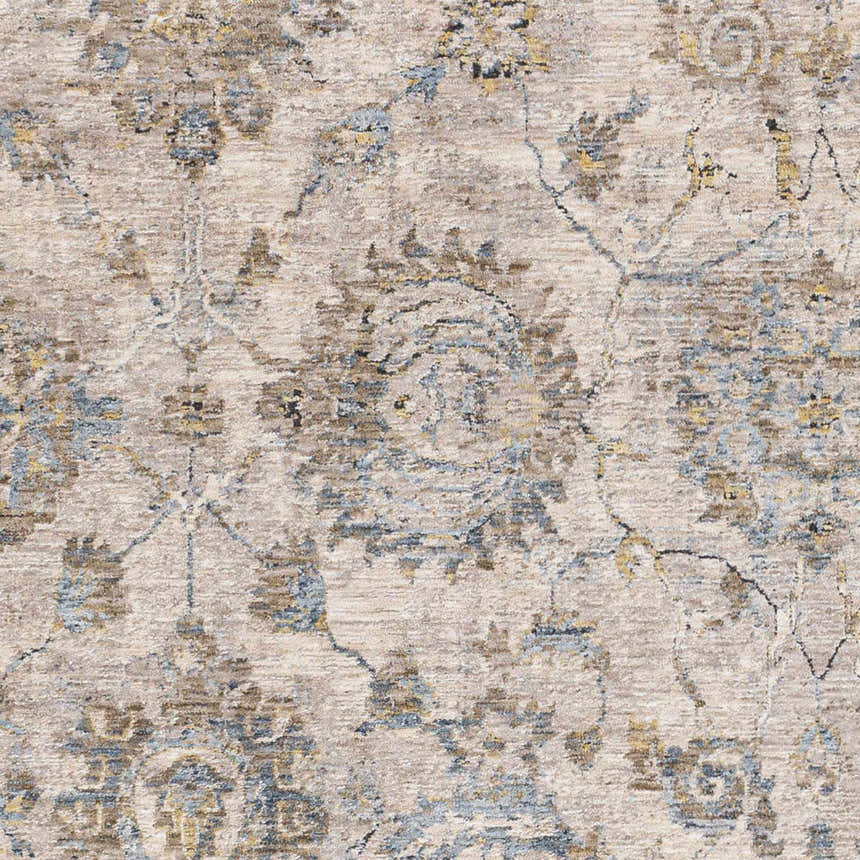 Close-up of the Morinville Teal Floral Rug, showcasing its brown, teal, and tan floral pattern and soft texture. Swatch