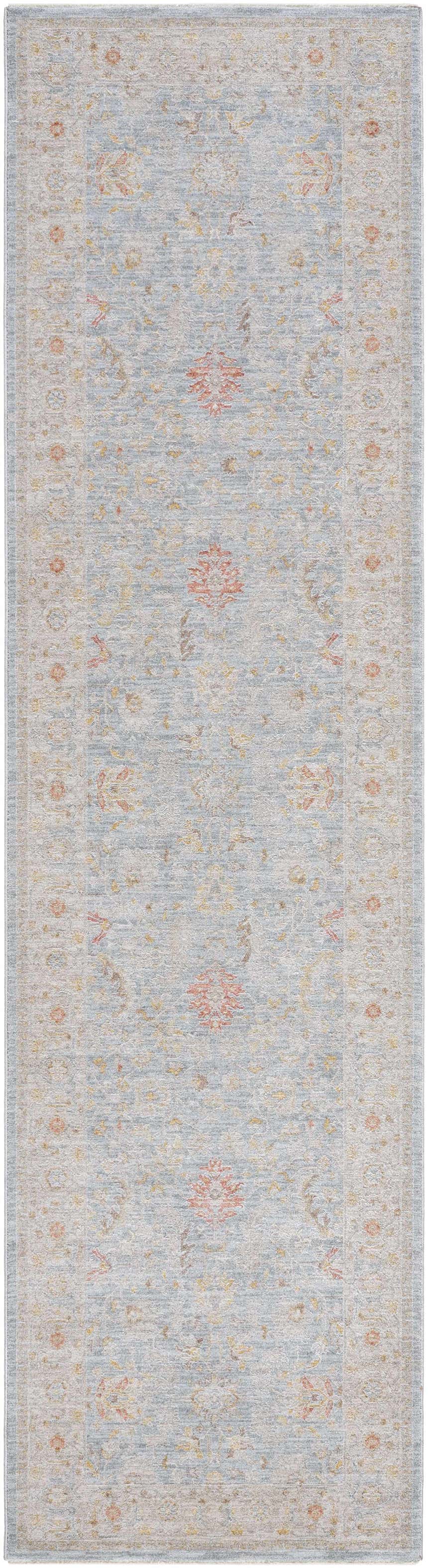 Close-up of Livabliss Avant Garde AVT-2371 runner rug. Features traditional floral pattern in light blue, taupe, and mustard hues. Design-Runner-2710