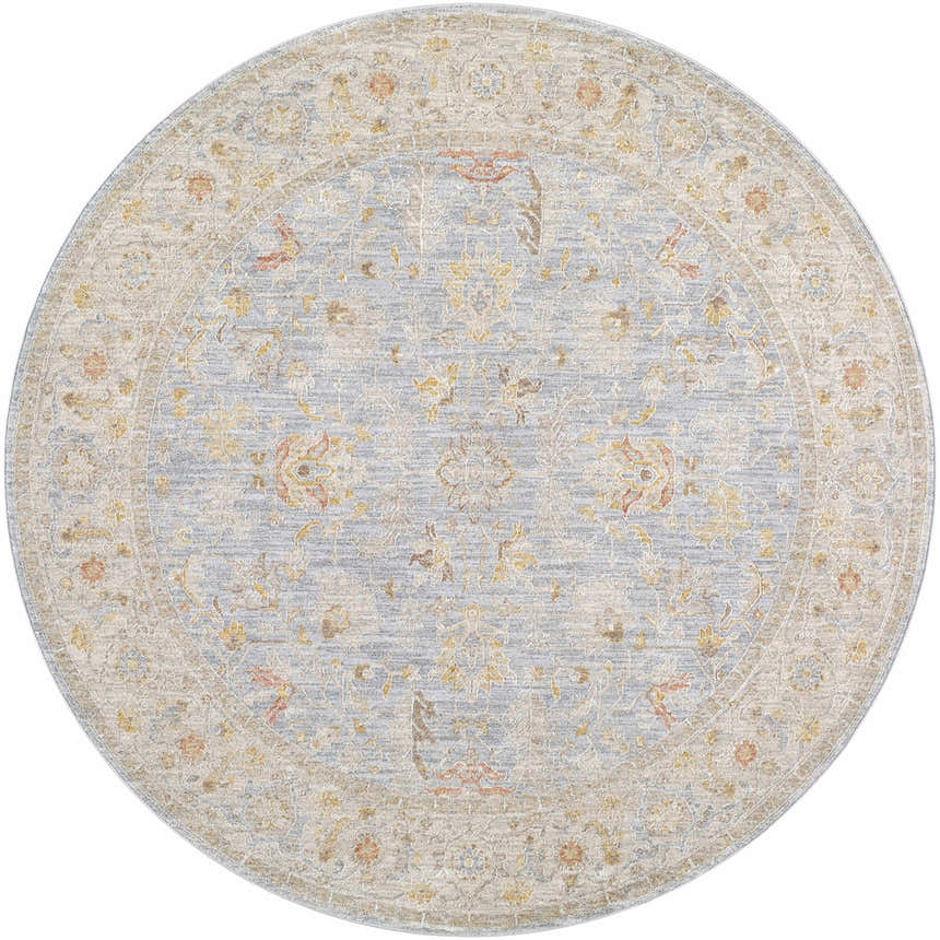 Close-up of a round Livabliss Avant Garde AVT-2371 area rug. Features a traditional floral pattern in gray, taupe, and mustard tones. Design-Round-53